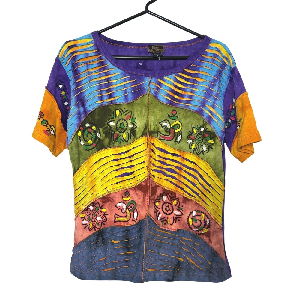Rising International T-Shirt Women M Multicolor Patchwor Boho Hippie earthy art